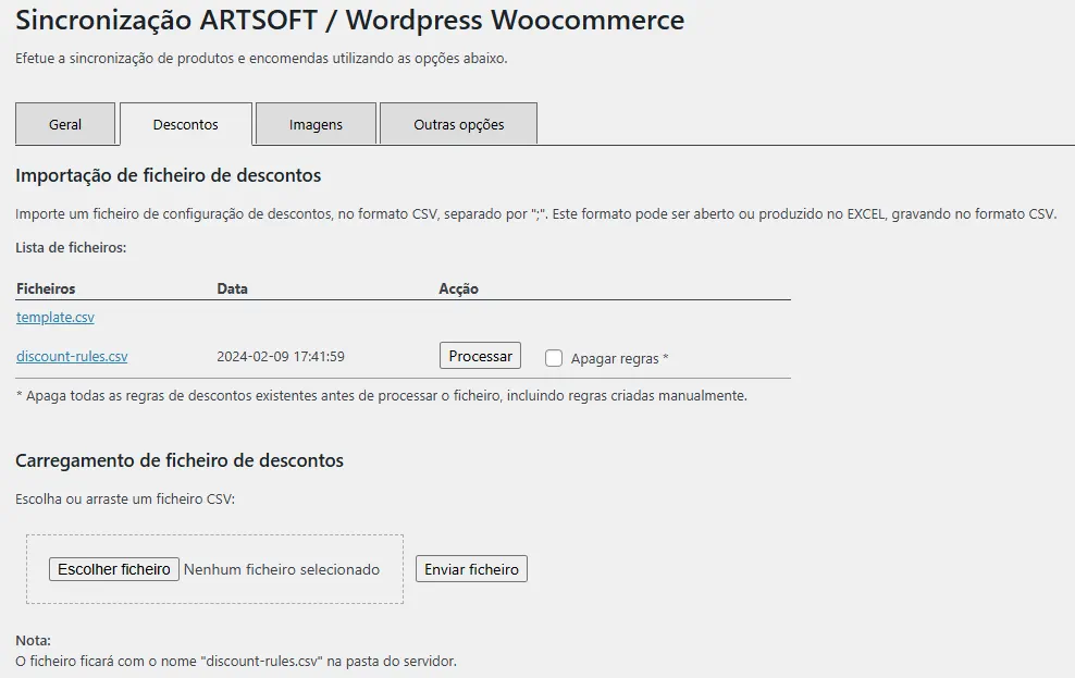 importação ficheiro descontos
